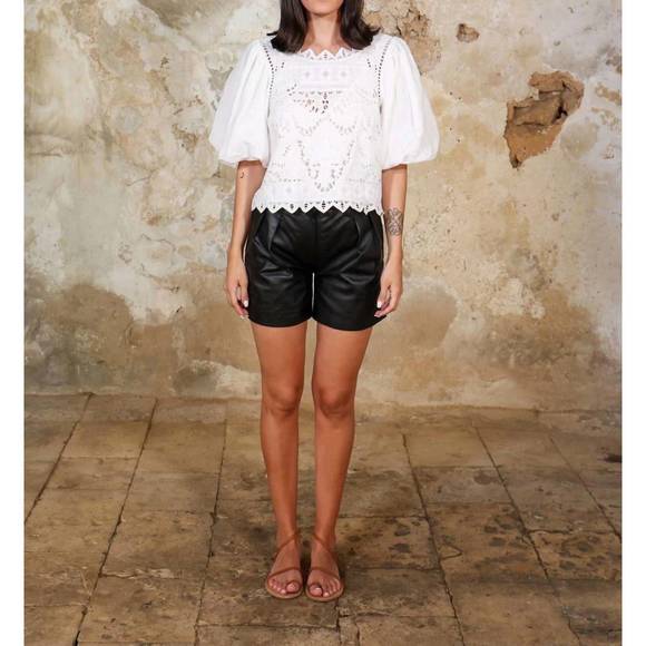 NEW SCARLETT POPPIES cutwork embroidered linen balloon sleeve top in crisp white